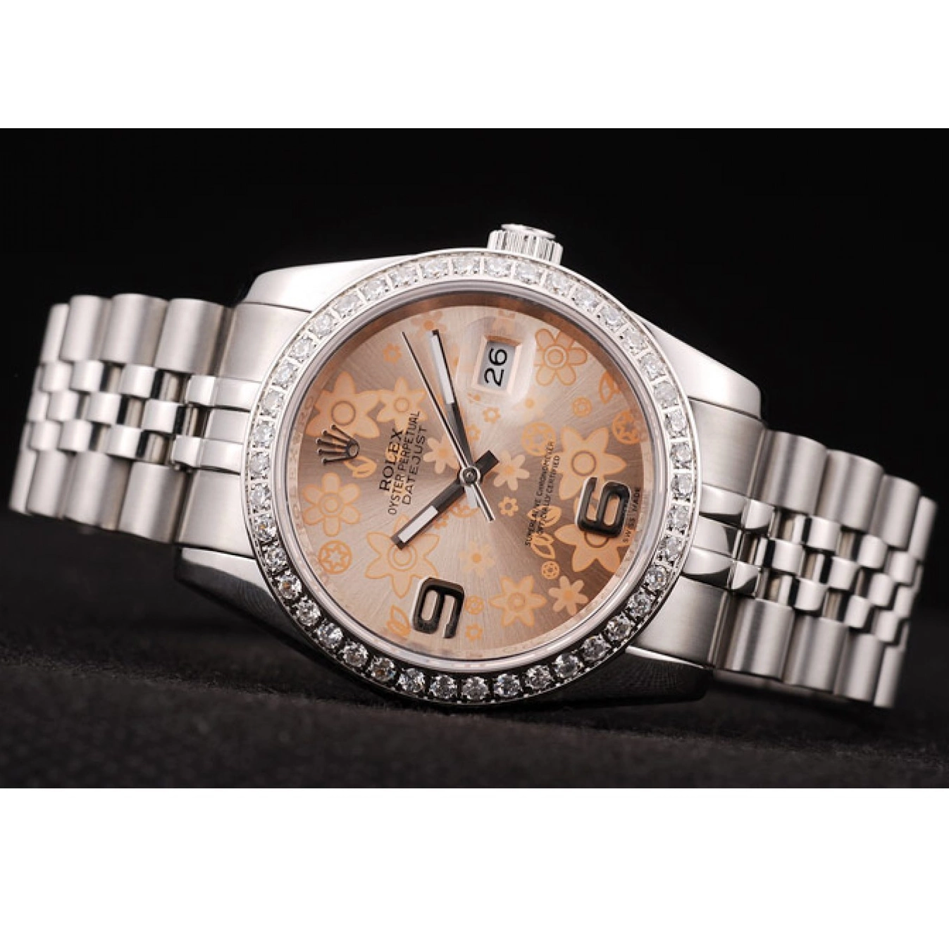 Aaa replica watch Stainless Diamonds Case Orange Flowers Plated Dial DateJust Steel Rolex Brushed 0622